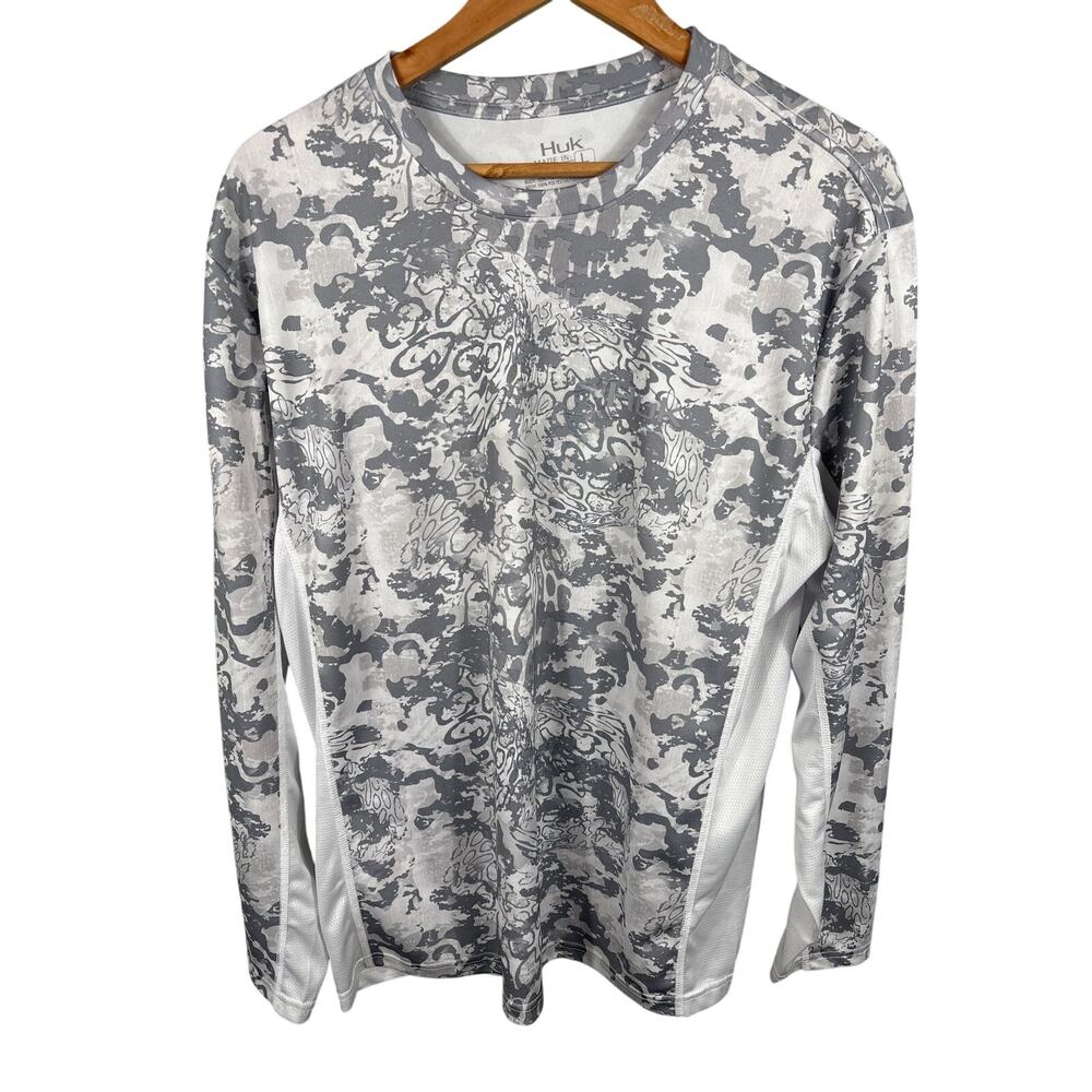 HUK Tide Change Men's Size Large‎ Gray Camo Long Sleeve Outdoor Fishing Shirt